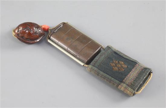 A Japanese bronze and silver inlaid travelling calligraphy set, 19th century, 3.5cm